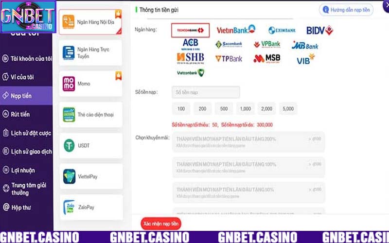 Hướng dẫn nạp tiền GNbet chi tiết